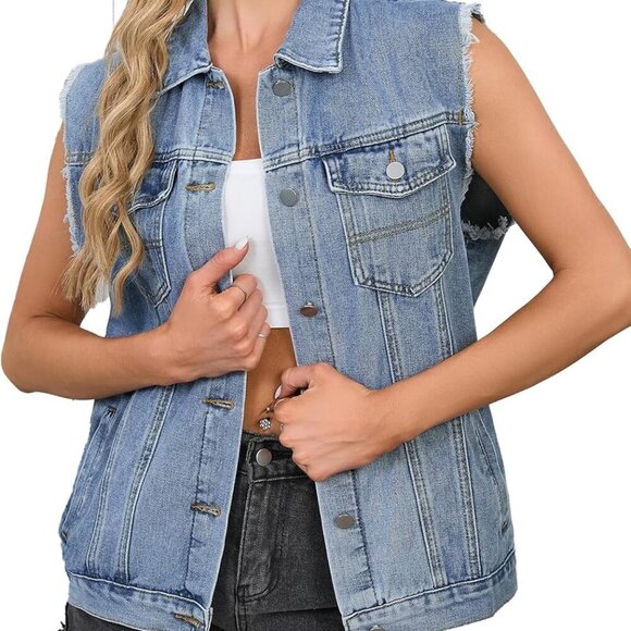 Womens Sleeveless Denim Vest Classic Button Down Jean Jackets with Pockets - Picture 3 of 6